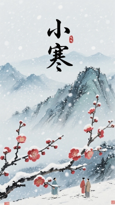 小寒节气海报，画面中有飘落的雪花，背景是淡雅的水墨画风格远山，近处有几枝梅花凌寒开放，枝头点缀着积雪，整体色调以清冷的蓝白色为主，搭配少量红色梅花增添生机，上方有“小寒”二字书法字体预览效果