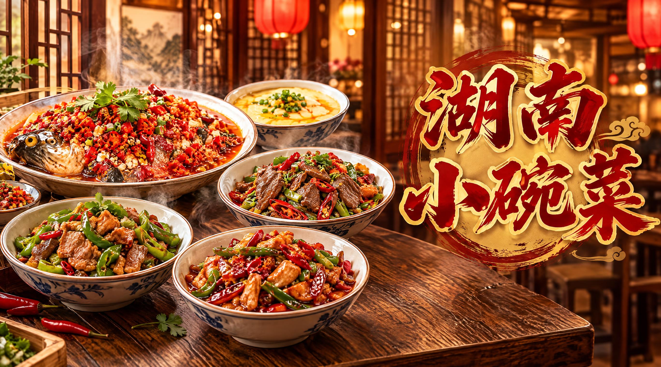 湖南小碗菜餐饮店招设计，702x392横版尺寸。画面左侧是精美… - 图片创意预览