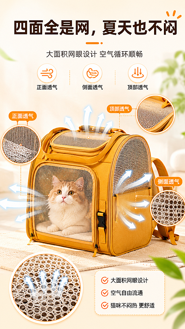 整体参考这个详情页的排版结构、配色风格、字体大小对比、留白比例、图片与文字的位置关系。
模仿它，为我的猫包设计一个详情页。

要求如下：
字体统一用‘阿里巴巴普惠体’。标题要粗，正文要细，核心Slogan比普通标题更粗。具体粗细程度参考参考图

【产品信息】
一、核心功能亮点（最核心竞争力）
可扩展大空间
扩展后使用空间增加，猫咪伸懒腰不憋屈。
「小帐篷」自由，操作简单，拉开拉链就能拉出结构架

多背法设计，解放双手
双肩款：可双肩背、手提，自带加宽加厚肩带 + 胸扣 / 腰扣，不溜肩不勒肉，长时间背也不累

高承重 + 强定型
高承重，适合 15 斤内猫咪，不塌陷不变形
两侧带骨架定型支撑，不会软塌塌地压到宠物

四面通风，透气不闷
大面积网纱设计，空气循环好，夏天也不怕闷到毛孩子

二、使用体验加分项
防应激遮光帘
自带可卷门帘，放下能营造隐秘环境，减少猫咪出门应激；卷起来又方便和宠物互动

轻量化 + 可折叠
双肩款仅约 1.5kg，背着没负担；不用时可折叠收纳，不占家里空间

适配行李箱
背面带固定带，能直接套在行李箱拉杆上，长途旅行省力又省心

三、细节贴心设计
防泼水 PVC 面料，耐脏又好打理
内置防逃逸挂绳，防止猫咪意外跑丢
底部带可拆洗软垫，防塌陷还方便清洁
多处网纱透气，兼顾通风和隐私


尺寸：42x25x38cm
指定平台：淘宝
风格色系：页面色系和产品本身色调一致

文案调性要求
不要写成说明书，要情绪化、场景化。
避免负面词汇（不说“医院”“看病”）。
模仿品牌躺岛的文案风格「图片1」「图片1」「图片1」「图片1」「图片1」「图片1」「图片1」「图片1」「图片1」「图片1」