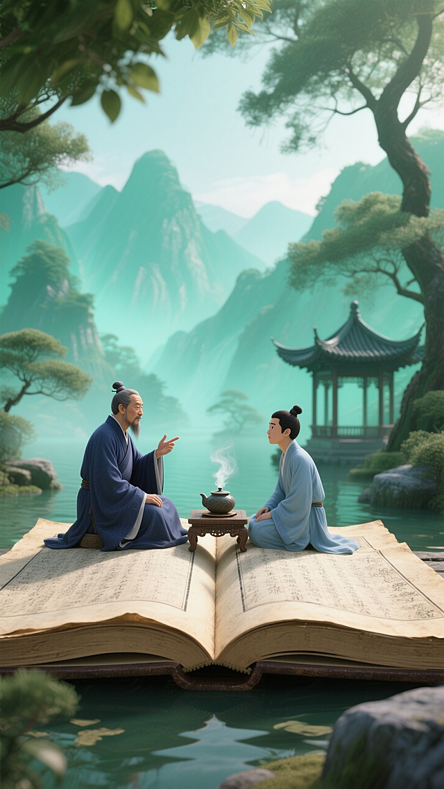 巨大翻开的古籍，古代师徒对坐在书页上（师父讲学、弟子聆听，搭配茶具），背景呈现青绿半透明的山脉、树影、中式亭子，整体青绿色调，明亮、祥和宁静氛围。