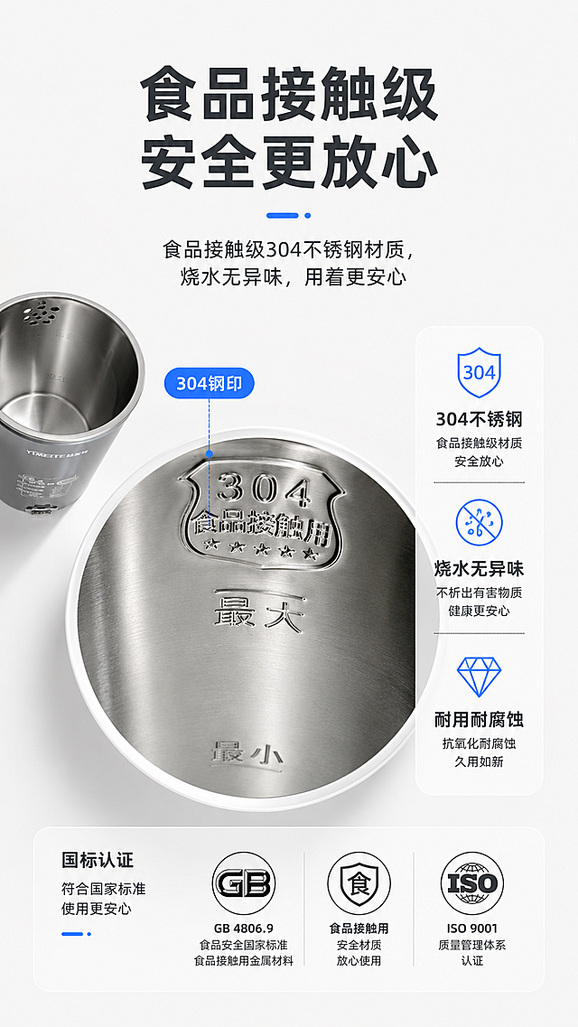 「图片1」，生成一套详情页，商品名称为益美特电热水壶，适配淘宝/天猫平台，「图片1」「图片1」「图片1」「图片1」 第1张：首屏海报（抓眼球）  • 核心：品牌+产品图+3个核心卖点大字（比如「益美特保温电水壶 | 304钢+双层防烫+一键保温」）  • 设计：用你精修好的壶做主视觉，背景干净，文字别挡产品。  第2张：核心卖点总览（3秒让用户知道优势）  • 核心：把所有卖点做成图标+短句，比如：  ◦ ✅304食品级不锈钢  ◦ ✅一键长效保温  ◦ ✅双层防烫壶身  ◦ ✅全钢无缝内胆  ◦ ✅名牌温控防干烧  • 设计：图标+文字排版，别堆太多字。  第3张：一键保温功能（解决“喝温水麻烦”的痛点）  • 核心：展示保温按钮，写清“烧开自动保温，随时喝温水，不用反复烧”  • 加分：加个“早上烧的水，下午还是温的”场景文案。  第4张：304食品级不锈钢材质（解决“安全”顾虑）  • 核心：标注304钢印，写“食品接触级材质，烧水无异味，用着放心”  • 加分：放国标认证/检测相关的小图标，增强信任。  第5张：全钢无缝内胆（解决“藏污纳垢、难清洗”的痛点）  • 核心：对比“有缝内胆vs无缝内胆”，突出“无死角、不藏垢、好清洗”  • 设计：用示意图画内胆，别用夸张的爆炸图，简单对比就行。  第6张：双层防烫壶身（解决“怕烫手”的痛点）  • 核心：用手轻握壶身的示意图，写“外层不烫手，老人小孩用着安全”  • 加分：标注“外层隔热层+内层不锈钢”的结构说明。  第7张：名牌温控器+防干烧保护（解决“耐用、安全”的顾虑）  • 核心：写“精准控温，水开自动断电；干烧自动保护，延长使用寿命”  • 设计：温控器的示意图+文字说明，别太复杂。  第8张：壶嘴细节（解决“倒水溅水”的顾虑）  • 核心：特写壶嘴，写“防溅水设计，出水流畅不洒漏，倒水不烫手”  • 加分：加个倒水的示意图，展示出水效果。  第9张：壶盖/把手细节（解决“使用体验”的顾虑）  • 核心：特写把手，写“人体工学把手，握感舒适不打滑”；特写壶盖，写“密封严实，保温效果好”  第10张：容量/参数说明（让用户知道合不合适）  • 核心：用表格写清参数：容量、功率、材质、保温时长、适用电压等  • 设计：表格+产品图，清晰明了，别堆文字。  第11张：使用场景展示（让用户有代入感）  • 核心：放3个场景：厨房烧水、办公室用、给孩子冲奶，写“家庭/办公/租房都适用”  • 加分：用干净的场景图，别太杂乱。  第12张：清洗保养+注意事项（解决“怕用坏”的顾虑）  • 核心：写“怎么清洗水垢、怎么保养内胆、使用注意事项（别干烧、别超水位）”  • 设计：用图标+短句，简单易懂。  第13张：售后保障（打消“买了出问题怎么办”的顾虑）  • 核心：写“正品保障、7天无理由、售后保修、运费险”等，加品牌logo和店铺承诺 • 设计：干净的排版，突出“放心买”的感觉。单图比例为9:16，需求屏数为13张。