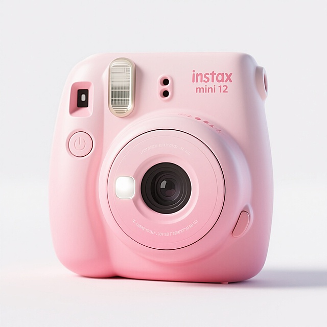 一个粉色渐变的instax mini 12拍立得相机，具有圆润的机身设计，正面有圆形的镜头和闪光灯，顶部有快门按钮和取景器，白色背景，3D渲染风格，高细节，光滑的塑料质感，柔和的光影效果，立体感强，简约时尚。