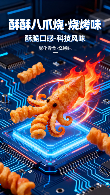 酥酥八爪烧烧烤味膨化零食电商详情页，深蓝色电路板科技科幻风格，口感酥脆卖点展示，搭配动感特效和火焰元素，科技风排版，高饱和度视觉冲击力强，8K高清预览效果