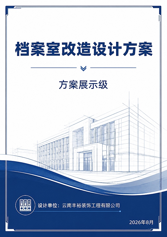 档案室改造设计方案封面，A4竖版，正式大气的工程方案封面风格，深蓝色主色调，顶部写"档案室改造设计方案"大字，中间写"方案展示级"，底部写"设计单位：云南丰裕装饰工程有限公司"，右下角标注日期"2026年8月"，简洁专业，工程设计封面风格，白色背景配蓝色装饰线条