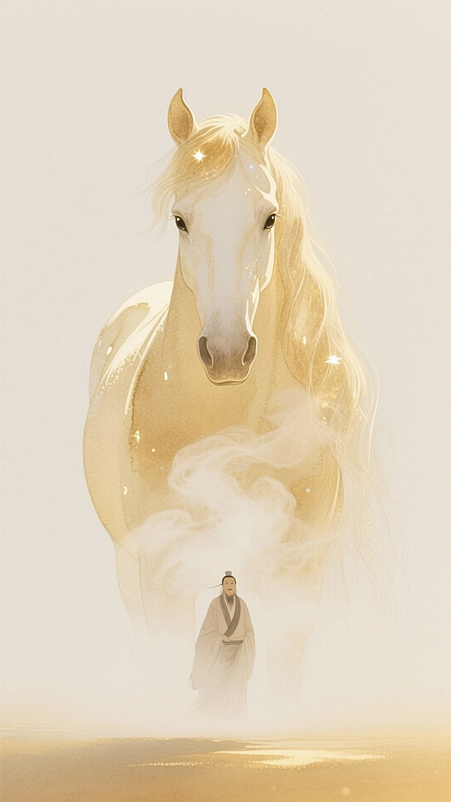 梦幻水墨风插画，金马腾云，古装人物立于雾中，融合古典与超现实主义，营造神圣朦胧的中式意境。