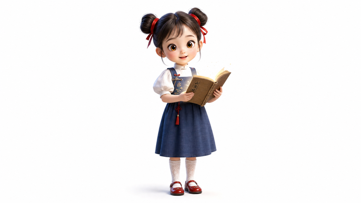 7岁中国小女孩（现代传承者小雅），皮克斯动画风格质感，C4D渲染，白色背景。圆润鹅蛋脸，白皙皮肤，扎着两个俏皮丸子头系红色丝带，琥珀色大眼睛充满好奇。身穿新中式深蓝棉麻背带裙，内搭白色泡泡袖衬衫，脚踩预览效果