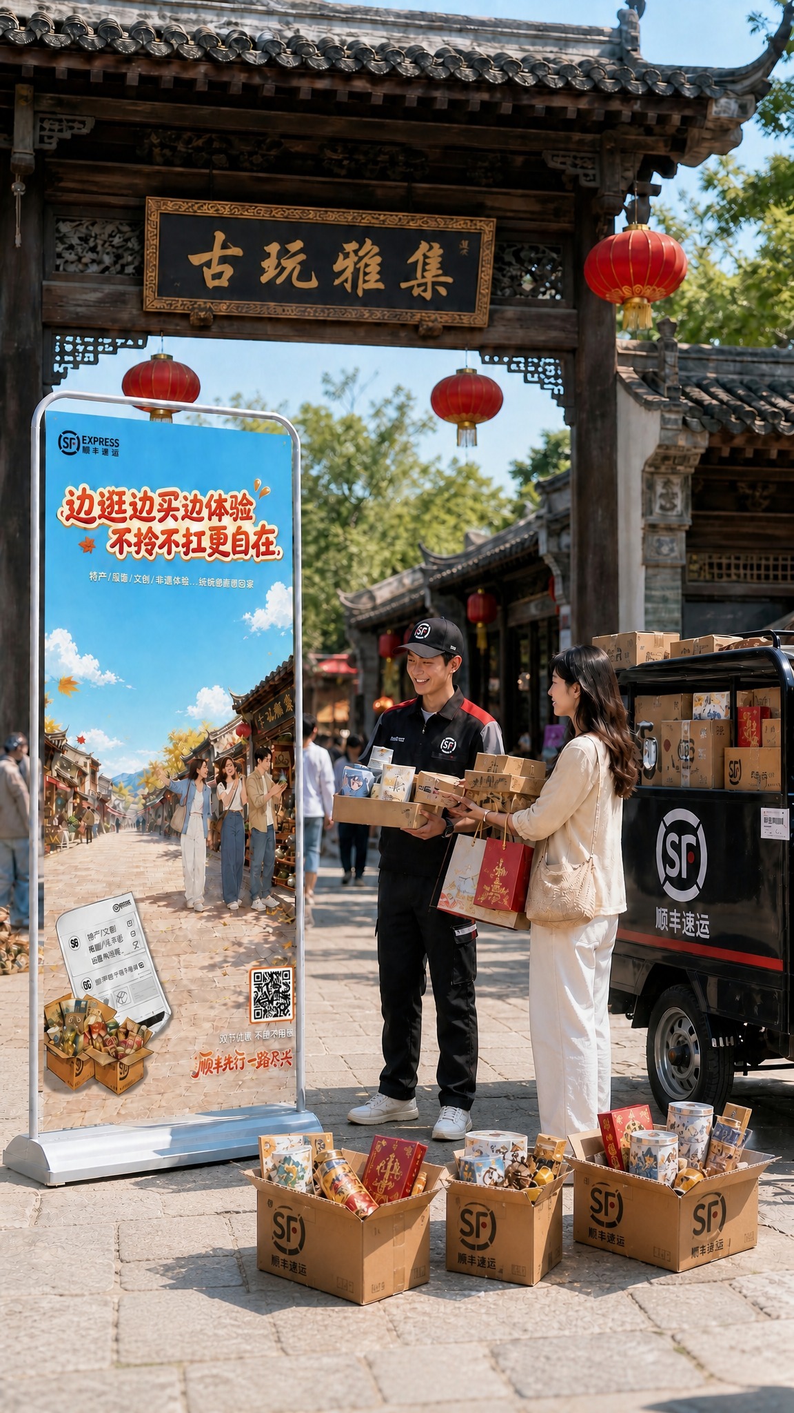 稍微减少一点特产和文创揽收物品的数量：保留顺丰小哥和三轮车周围… - 图片创意预览