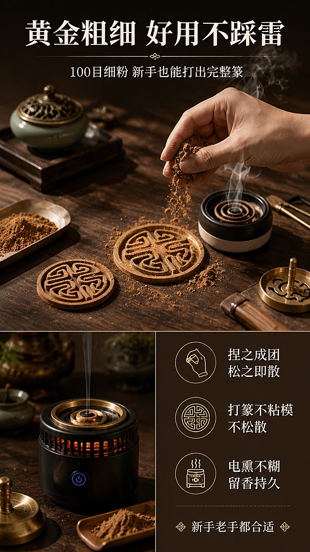 [第4屏] 使用体验屏-100目黄金粗细打篆演示。本屏使用【图1】作为主体，展示沉香粉打篆与电熏两种使用方式。
[氛围/风格] 禅意香道风，暖光氛围，静谧雅致，商业摄影质感。
[元素布局] 画面上半部分为打篆场景特写：手捧沉香粉缓缓洒入香篆模，旁边摆放完整的篆香图案，烟雾袅袅；下半部分左侧为电熏炉使用场景，右侧为文字说明区。背景为深色木质桌面，搭配黄铜香具、青瓷香炉等道具，营造专业香道氛围。
[光影质感] 侧上方暖光主光源，烟雾在光线中清晰可见，沉香粉颗粒质感细腻，金属香具反光温润，整体光影层次丰富。
[配色色系] 全局底色 #3D2B1F 深棕色；主色暖棕 #8B6914；辅助色米白 #F5F0E6、金色 #D4AF37。
[视角构图] 45°斜俯视，上半部分主打篆场景，下半部分分左右展示电熏与文字，阅读动线呈Z字形。
[文字版式] 顶部主标题「黄金粗细 好用不踩雷」，副标题「100目细粉 新手也能打出完整篆」；右侧文字区列出3个体验点：「捏之成团 松之即散」「打篆不粘模 不松散」「电熏不糊 留香持久」；底部小字「新手老手都合适」；文字用米白色宋体，主标题加大加粗。
[比例分辨率] 9:16竖版比例，4K分辨率，文字清晰可辨，高清画质。
[负向提示词] 变形，水印，文字错乱，文字过小，颜色偏差，产品模糊，场景杂乱。