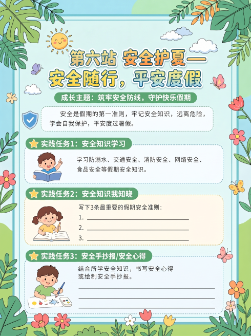 删除图片上方的第十二页文字，将第九站改为第六站，保持图片原有卡通植物清新风格和所有其他内容不变预览效果