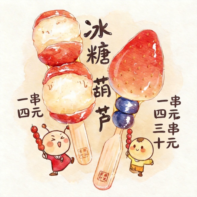 在画面合适位置添加价格信息：“一串四元 三串十元”，风格与整体水彩手绘风格统一预览效果