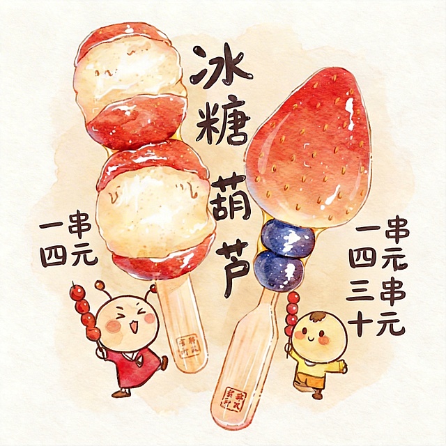 在画面合适位置添加价格信息：“一串四元 三串十元”，风格与整体水彩手绘风格统一