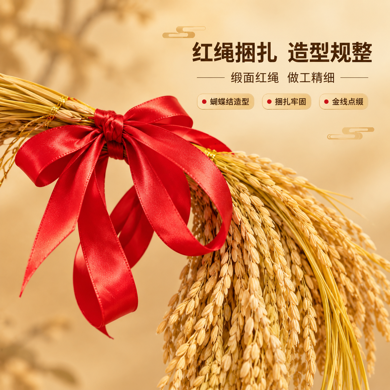 [商品] 使用【图2】稻穗捆红绳装饰；保留红绳缎面材质、蝴蝶结… - 图片创意预览