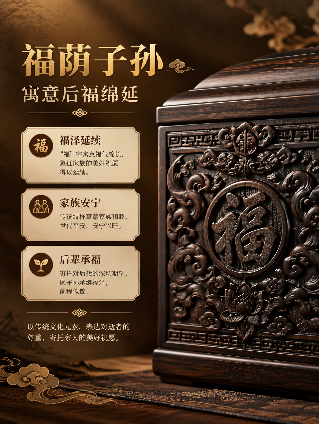 [商品] 黑檀木骨灰盒「福荫子孙」正面浮雕花纹特写；保留正面完… - 图片创意预览