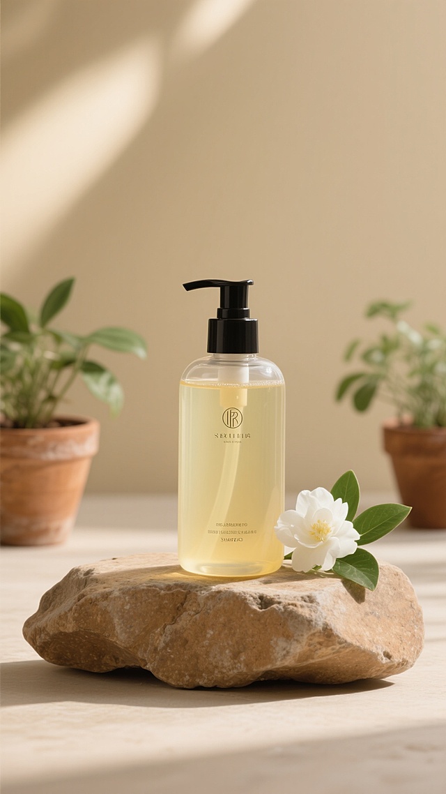 高清摄影风格的洗发水产品海报，柔和的米黄色背景营造出温馨自然的氛围，中央放置一瓶透明瓶身、黑色按压泵头的洗发水，瓶内是淡黄色液体，瓶身印有简洁的品牌文字，置于天然质感的浅棕色岩石上，岩石旁点缀一朵白色盛开的鲜花和几片绿色叶子，背景中两侧摆放着带有绿色植物的陶土花盆，光线从左上方柔和照射，形成细腻的阴影和高光，整体色调统一为温暖的米色、棕色和绿色，构图采用对称与平衡的布局，突出产品的自然纯净感，传达出沐浴在自然花香中的舒适体验。