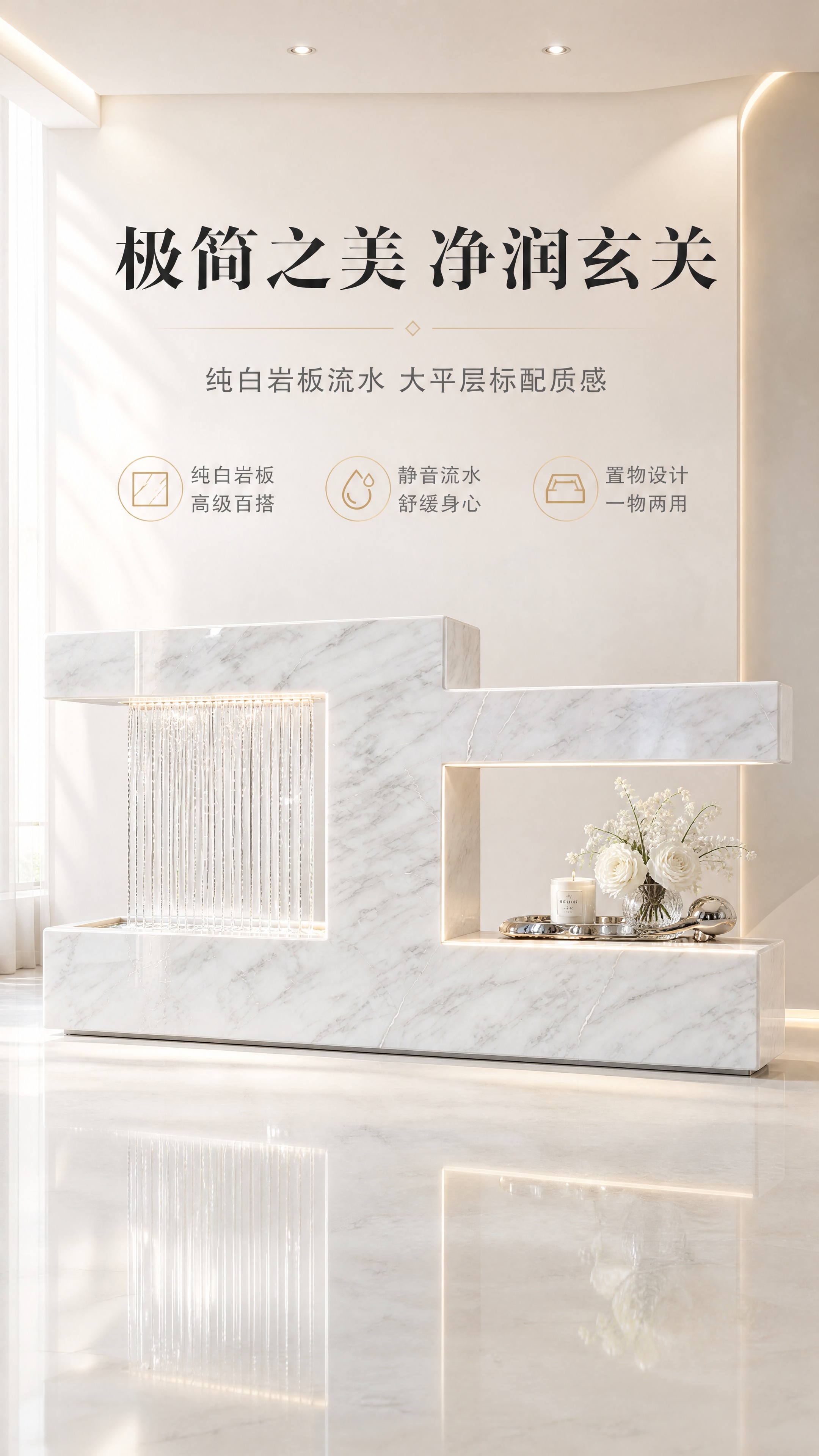 [商品] 使用【图1】白色大理石纹岩板流水摆件；保留左流水幕墙… - 图片创意预览