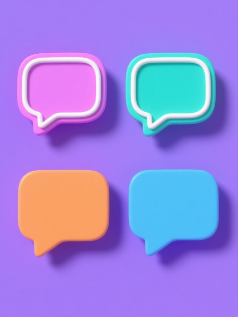 3D渲染，4个规整排布的不同造型样式对话框，纯色背景，各对话框具柔和圆角、简洁白色线条装饰，色彩为粉紫色、青绿色、橙色、蓝色等明亮饱和色调，有轻微阴影增强立体感，呈整齐布局预览效果