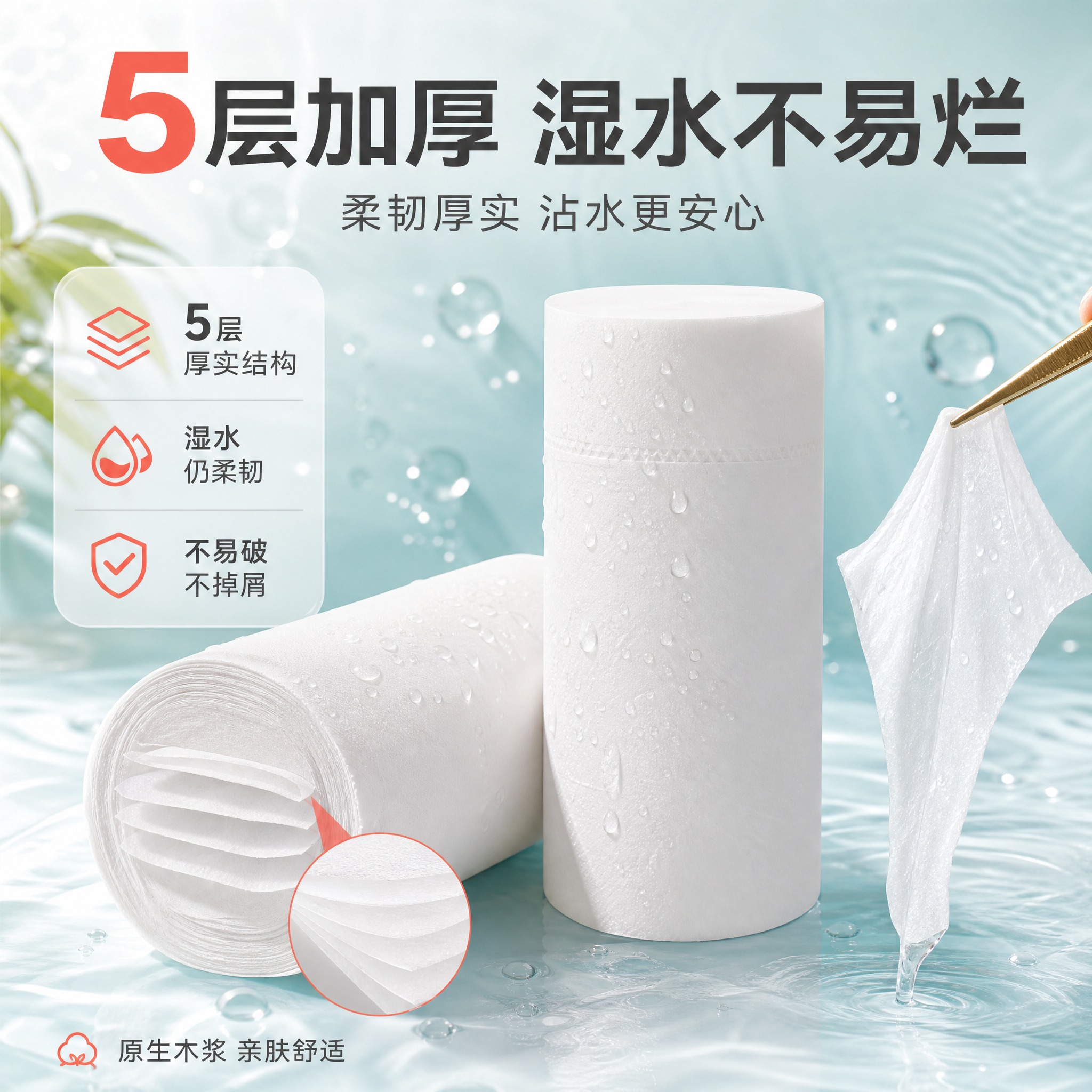 [主图-2] 核心卖点 5层加厚 湿水不易烂。突出卷纸厚实柔韧… - 图片创意预览