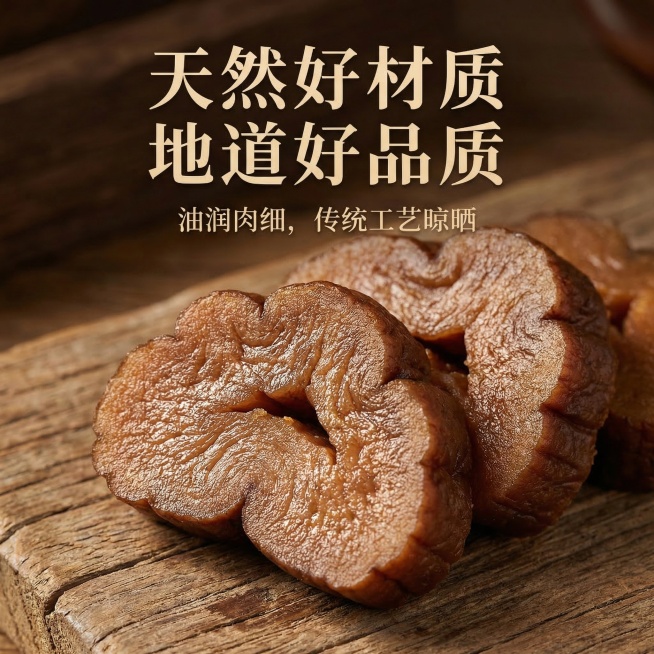 焦作熟地黄淘宝主图，细节与成分展示。高清微距特写切好的熟地黄切片，放大展示油润光泽和细腻肉质纹理，光影突出表面的天然褶皱和滋润质感。保持复古药食同源风格，暖棕色调，老榆木背景。主标题 “天然好材质 地预览效果