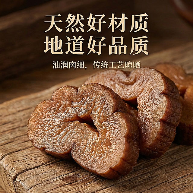 焦作熟地黄淘宝主图，细节与成分展示。高清微距特写切好的熟地黄切片，放大展示油润光泽和细腻肉质纹理，光影突出表面的天然褶皱和滋润质感。保持复古药食同源风格，暖棕色调，老榆木背景。主标题 “天然好材质 地道好品质”，副标题 “油润肉细，传统工艺晾晒”，字体为复古宋体居中排版。背景铺满全屏无边框，符合淘宝主图规范。