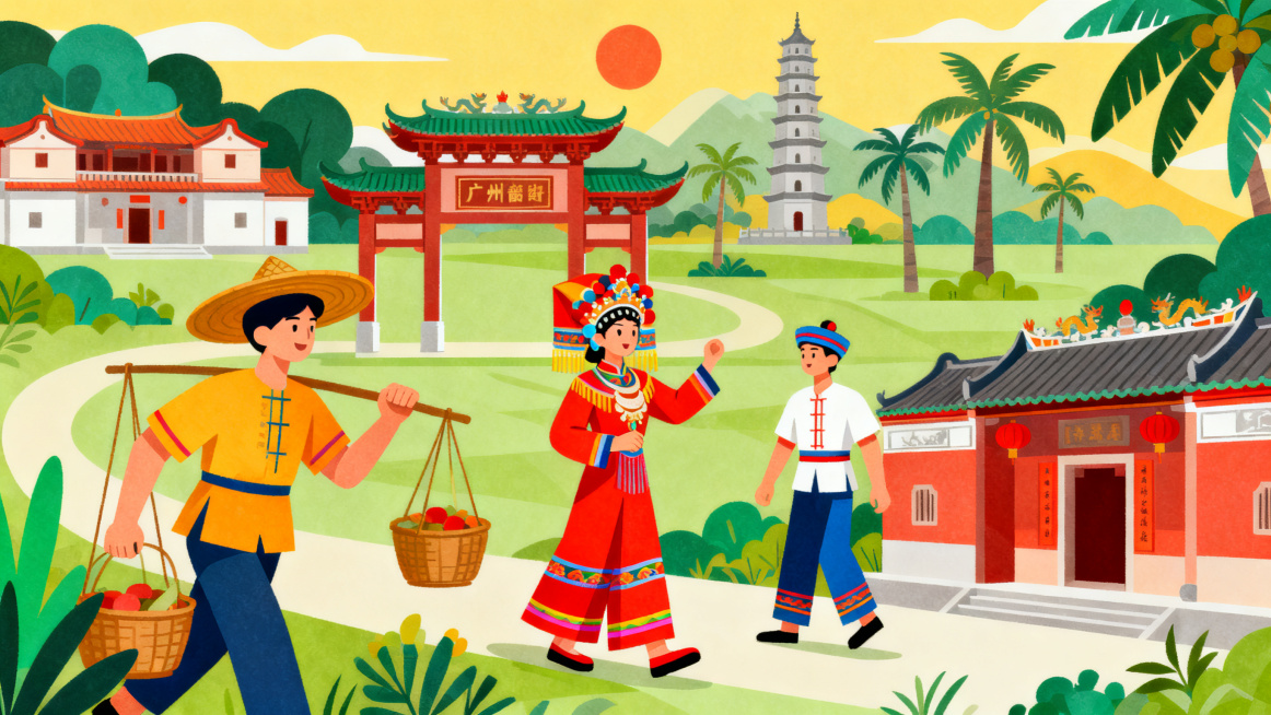 非遗传统主题，融入广州韶关乡村地方特色元素的扁平风插画预览效果