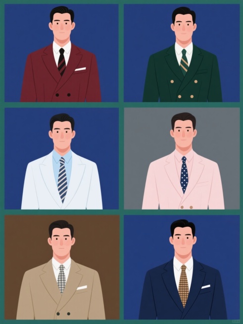 一套六张插画风格的男士正装上半身展示图，每张图背景为不同的纯色（如深蓝、酒红、墨绿、灰色、卡其、藏青），画面整体色彩根据背景色进行和谐搭配，保持元素类目为西装、衬衫、领带的组合，每张图展示完全不同款式和颜色的西装（如单排双扣、双排扣、戗驳领、平驳领等）、衬衫（如白色、浅蓝色、浅粉色等）和领带（如条纹、纯色、波点、格纹等不同图案和颜色），所有元素以规整的网格排布在同一画面中，每张独立插画边缘清晰……预览效果