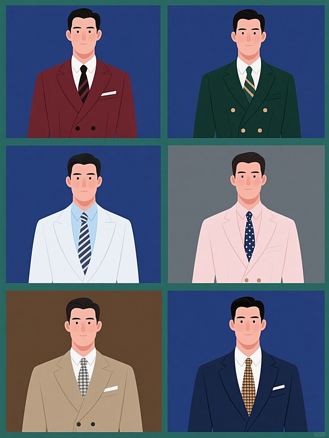 一套六张插画风格的男士正装上半身展示图，每张图背景为不同的纯色（如深蓝、酒红、墨绿、灰色、卡其、藏青），画面整体色彩根据背景色进行和谐搭配，保持元素类目为西装、衬衫、领带的组合，每张图展示完全不同款式和颜色的西装（如单排双扣、双排扣、戗驳领、平驳领等）、衬衫（如白色、浅蓝色、浅粉色等）和领带（如条纹、纯色、波点、格纹等不同图案和颜色），所有元素以规整的网格排布在同一画面中，每张独立插画边缘清晰，细节精致，风格统一，无任何文字、LOGO、电话地址及二维码。