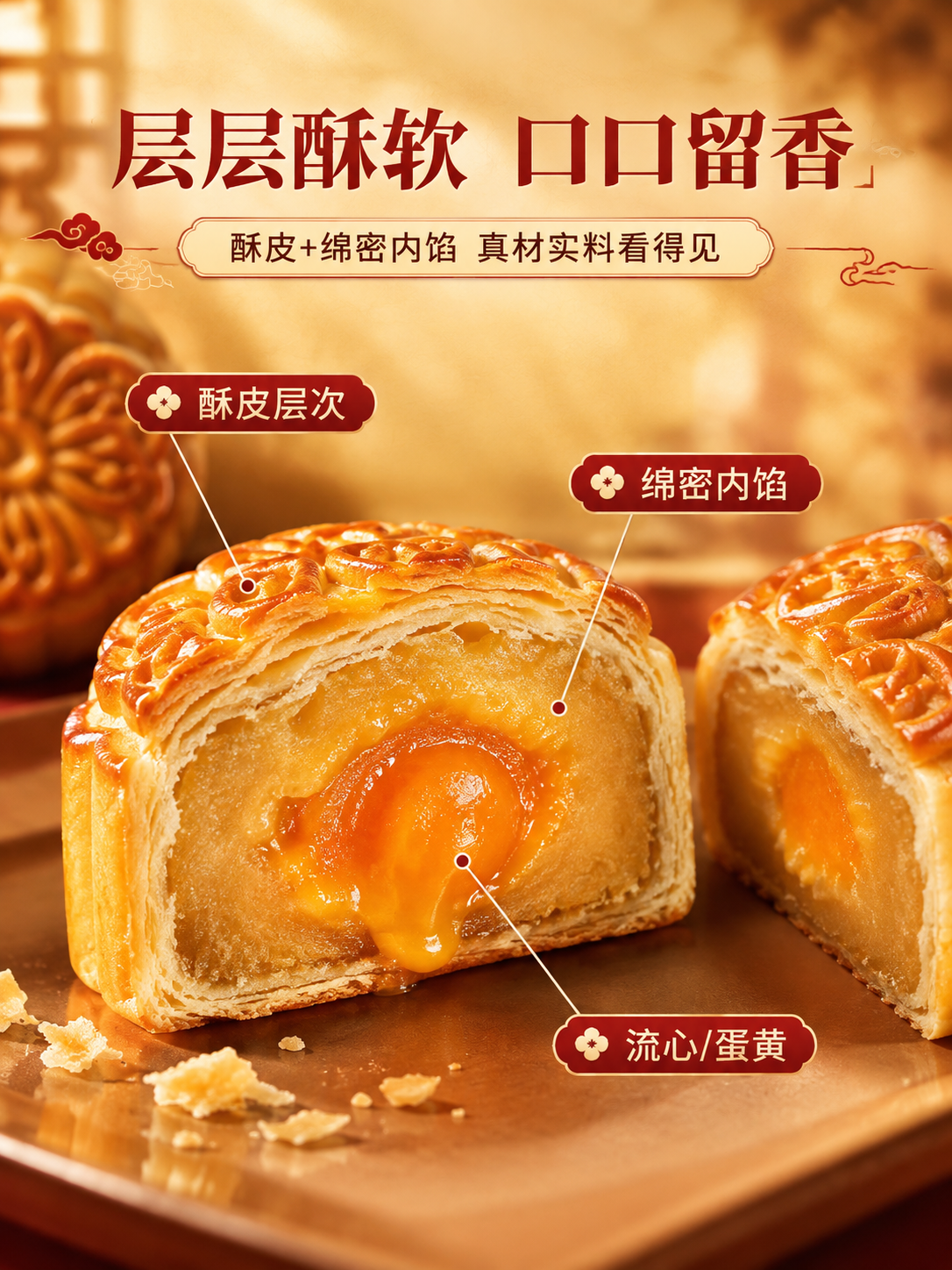 [商品] 中秋月饼，含莲蓉蛋黄、流心奶黄等口味，月饼表面有精致… - 图片创意预览