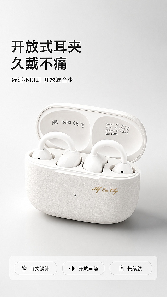 详情页头图主视觉，iKF白色耳夹式开放式蓝牙耳机新品宣传，简约现代科技风，浅灰色渐变背景，干净高级，商业摄影质感，画面简洁明亮。使用输入图作为商品主体，保持白色皮质纹理充电仓、金色品牌文字、两对白色耳夹耳机、充电仓内壁参数文字的物理结构、材质质感、颜色与输入产品图一致。产品主体放在画面中下偏右侧区域，占据画面65%-70%。背景为浅灰色渐变，左上角留出充足标题留白，底部用浅白色半透明信息条放置功能卖点标签，不遮挡产品主体。主光源从左前方打来，柔和均匀照亮产品皮质纹理和金色品牌文字，在右下方形成自然柔和投影，整体画面干净通透，产品边缘清晰真实。全局底色：#F5F5F5（浅灰）；主体配色：#FFFFFF（耳机充电仓）+#D4AF37（金色文字）+#333333（参数文字）；辅助色：#E8E8E8（信息条底色）+#222222（标题黑）。正面45度微俯视，产品主体位于画面中下偏右，左上区域完整留给标题，底部信息条承托，背景简洁干净有科技设计感。左上区域版式为主标题+副标题，主标题"开放式耳夹 久戴不痛"黑色大字，左对齐，字号为画面宽度8%-10%，不超过顶部区域高度25%；副标题"舒适不闷耳 开放漏音少"黑色小字，主标题下方左对齐，字号为主标题30%。底部浅白色信息条放置三个卖点标签："耳夹设计" "开放声场" "长续航"，黑色文字圆角浅灰边框，均匀分布，不遮挡产品。9:16竖版比例，4K分辨率，文字清晰可辨，超高清。禁止：产品变形，耳机缺件，颜色偏差，皮质纹理消失，金色文字错乱，包装文字错误，水印，文字模糊，背景杂乱