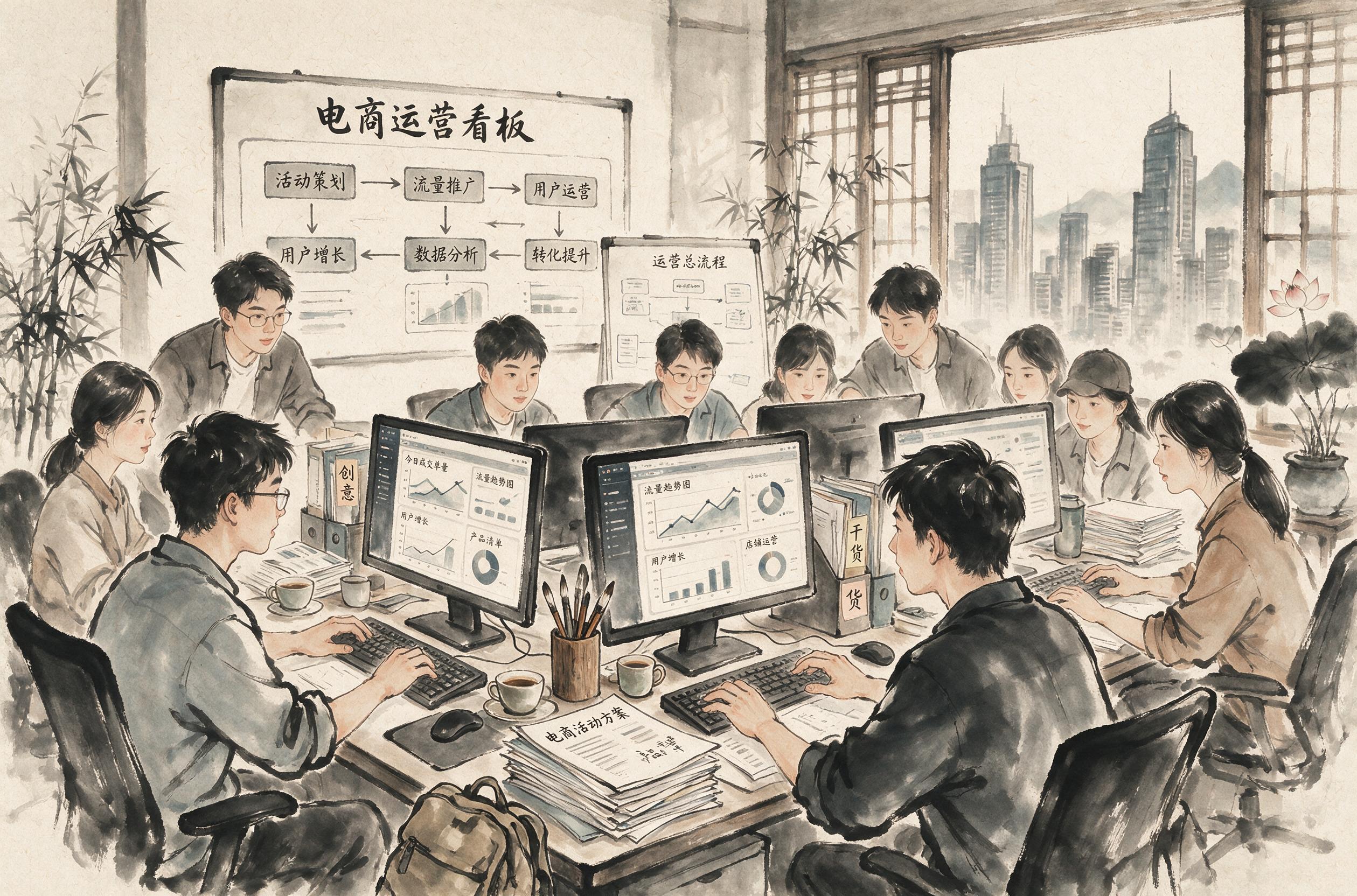 水墨风格插画，互联网电商办公室场景，一群年轻人坐在办公桌前使用… - 图片创意预览