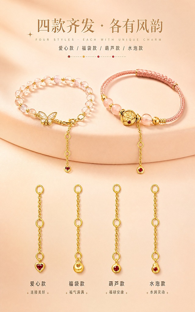【第11张·系列全家福】
[商品] 使用四款延长链（爱心款、福袋款、葫芦款、水泡款）和搭配手串图；严格还原每款足金原色、古法金磨砂质感、各自尾坠造型和宝石镶嵌；去除透明鱼线。
[画面] 四款延长链+两款搭配手串组合展示，画面上半部分展示两款手串搭配延长链的佩戴效果（左右各一），下半部分展示四款延长链单品横向并列排列。产品占画面70%。背景为暖杏色到蜜桃裸粉色的柔和渐变，有柔和光影。
[视觉] 套系策略：风格=高端轻奢珠宝商业摄影；主标题字=精致衬线体，浅金棕色；单品标题字=中号无衬线体；正文字=小号无衬线体，深咖暖灰色；英文字=细体无衬线，拉开字距；主色=暖杏蜜桃裸粉渐变；背景延展=暖杏色到裸粉色柔和渐变，细腻哑光质感；强调色=浅金棕色；组件=星光+虚线+色标小圆点；光影=左上方暖柔光均匀照射，各款金属高光一致。
[文字] 画面上方居中：主标题"四款齐发 · 各有风韵"（精致衬线体，浅金棕色，大字号），下方英文"FOUR STYLES · EACH WITH UNIQUE CHARM"（细体无衬线，拉开字距），再下方副标题"爱心款 / 福袋款 / 葫芦款 / 水泡款"（中号无衬线体，深咖色），最下方一排色标小圆点+虚线装饰。文字不遮挡产品主体。
[规格] 宽度850px，长竖版比例约1:1.6，2K，quality=high。避免鱼线、各款光影不一致、产品比例失调、文字遮挡产品。