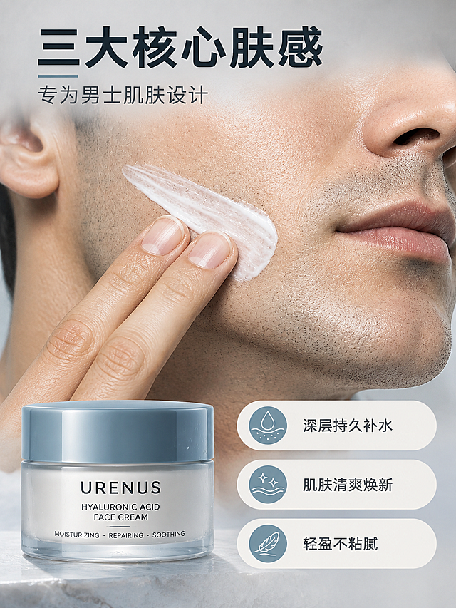 [商品] 使用【图9】URENUS玻尿酸面霜，男士面部涂抹使用场景；保留瓶身原有英文Logo、产品名等全部商品本体文字不翻译不修改，保留产品外观结构和颜色。
[画面] 目标：核心功效利益点页，3大核心肤感卖点可视化。构图：上半部分男士脸部涂抹面霜微距特写（脸颊部位膏体推开），下半部分3个横向胶囊形卖点卡片依次排列，画面层次分明，有视觉冲击力。
[视觉] 套系策略：风格=高级简约男士护肤商业摄影风；标题字=粗黑无衬线大字；正文字=简洁无衬线体；主色=雾霾灰蓝+米白；背景延展=基于米白/浅灰做深浅层级、同色渐变和细腻肌理质感；强调色=雾霾蓝，用于图标、引线、标签；标题色=深炭黑；正文色=中灰；组件=圆角浅底信息卡、细线引线、圆形图标；光影=左前侧柔和自然光，产品清晰有质感。
[文字] 顶部主标题「三大核心肤感」，副标题「专为男士肌肤设计」；下方3个胶囊卡片依次为：「深层持久补水」「肌肤清爽焕新」「轻盈不粘腻」，每个卡片配对应线条图标，文字全部横向排版，字号适中手机端清晰可读。
[规格] 图片比例3:4竖版，4K分辨率，负向提示：避免变形、错字、文字过小、瓶身文字被替换翻译、产品颜色改变、结构失真、极限词、医疗功效宣传、夸张前后对比。