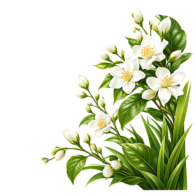 提取右上角的白色茉莉花簇素材，包含白色茉莉花、绿色叶子、花枝和草叶，透明背景，高清精致，花朵细节完整，茉莉花花瓣洁白，花蕊黄色，绿叶翠绿，单独的茉莉花枝素材，PNG透明底