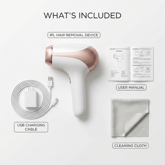 IPL Hair Removal Device complete package contents. Flat lay Knolling layout on clean white backgroun预览效果