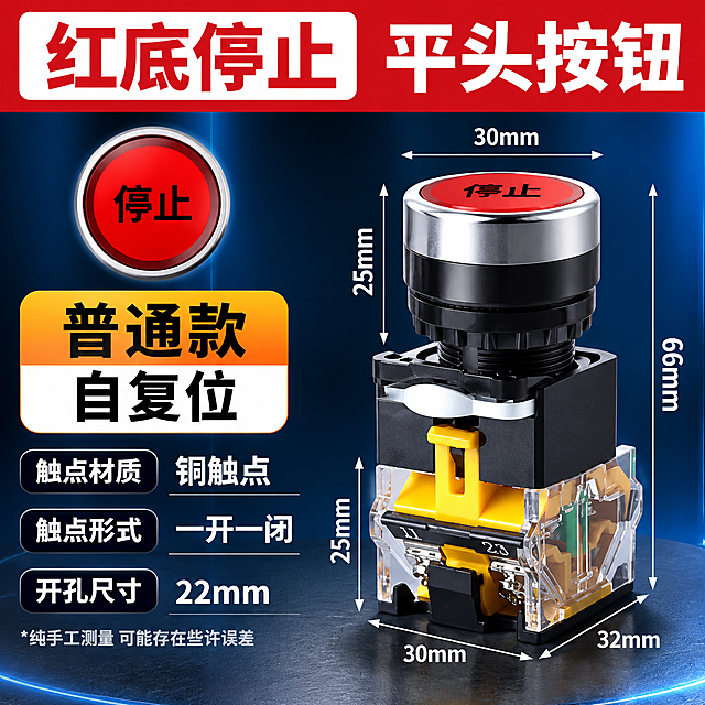 电商主图，红底停止平头按钮开关参数规格图，工业科技风格，产品精修。

[画面主体] 画面右侧展示一个完整的红底停止平头按钮开关产品，红色按钮头部印有黑色"停止"字样，配银色金属环，黑色中部，透明外壳可见内部黄色铜件结构，产品精修处理，金属边缘高光清晰，塑胶质感干净利落，无灰尘划痕，结构细节清晰可见。产品占画面约50%，位置偏右居中。产品周围用细白线标注尺寸：头部直径30mm，头部高度25mm，总高度66mm，底座宽度30mm，底座深度32mm，底座高度25mm，尺寸线清晰整齐。左上角有一个圆形按钮头特写图，红底黑字"停止"，展示按钮面细节。

[背景风格] 深蓝色到黑色的科技感渐变背景，带有微弱的蓝色光晕和光线效果，底部有深灰色质感台面，整体工业科技感，干净不杂乱，突出产品主体。

[文案版式] 全部文字使用思源黑体 Bold字体，排版整齐清晰，文字放在画面左侧和顶部，不遮挡产品主体。
顶部通栏红色背景条：左侧白色圆角框内红色大字"红底停止"，右侧白色超大粗体字"平头按钮"。
左上部橙黄渐变圆角标签：上半部分橙色背景黑色大字"普通款"，下半部分白色背景黑色大字"自复位"。
左中部三个参数行，每行左侧黑色圆角标签白色字，右侧白色粗体字：
  第一行："触点材质" + "铜触点"
  第二行："触点形式" + "一开一闭"
  第三行："开孔尺寸" + "22mm"
左下角小字："*纯手工测量 可能存在些许误差" 浅灰色。
文字层级分明，顶部型号最大，参数次之，说明最小，整体排版左对齐，整齐有序。

[光影质感] 商业产品摄影质感，主光从左上方打来，产品金属部分有清晰高光，按钮面有质感，透明外壳有通透感，内部铜件结构清晰，产品底部有柔和接触阴影，自然融入背景台面。

[配色] 主色：深蓝/黑色背景；顶部条：红色；标签色：橙黄渐变；标题字色：白色/黑色；强调色：红色；整体高对比度，专业工业感。

[输出要求] 1:1正方形800*800，文字清晰可读无错字，产品清晰不变形，尺寸标注准确，无水印无平台logo，画面干净专业。