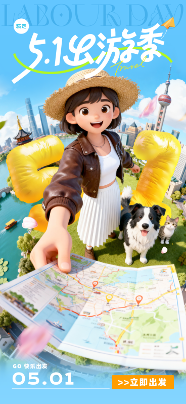 51劳动节卡通3D出行海报预览效果