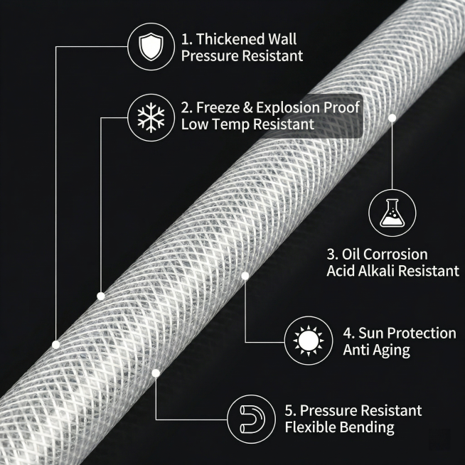 [Main Image 3] Core selling points display, centered on PVC fiber water hose product, use thin indic预览效果