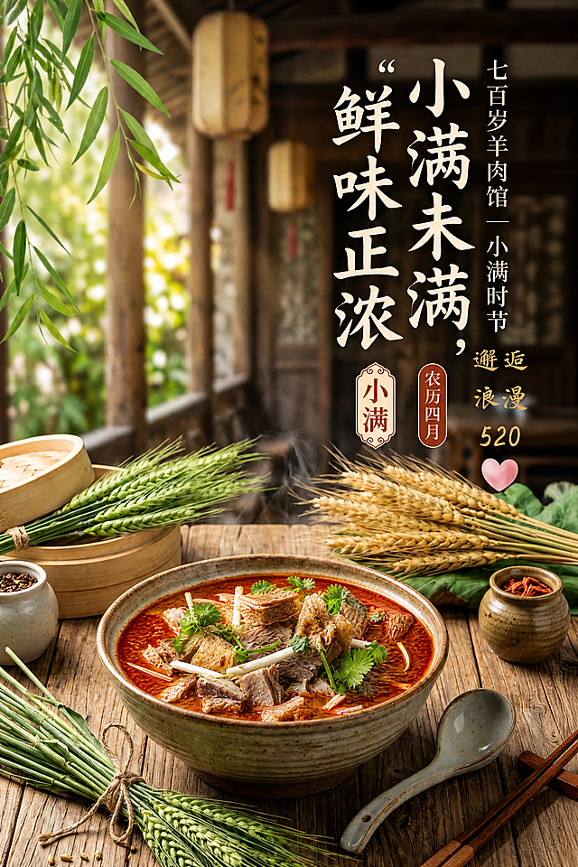 保留原图整体构图、文字、麦穗、竹笼、木桌背景，将中间的羊肉汤替换为图中第二张的烧羊肉红汤