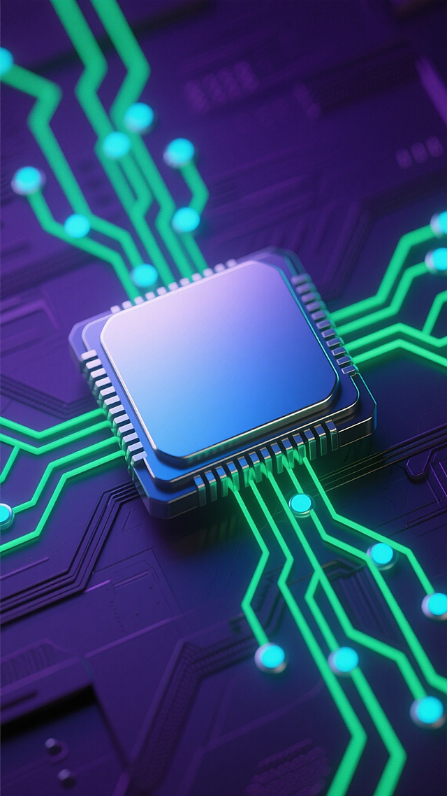未来科技感3D渲染风格海报，以深邃的暗紫色为背景基调，中央悬浮着一个造型更为流线型、边缘带有柔和弧度的六边形处理器芯片，芯片表面呈现出金属光泽与蓝色渐变的科技感材质，周围环绕着发光的绿色电路板纹路，线路以动态放射状向外延伸并点缀着闪烁的青色光点，整体光影效果强调芯片的悬浮立体感和科技神秘感，光线从芯片中心向四周柔和发散，营造出高端、前沿的数字科技氛围，构图采用中心对称布局，突出芯片主体，视觉层级清晰，信息传达高效，符合科技产品宣传的设计感。