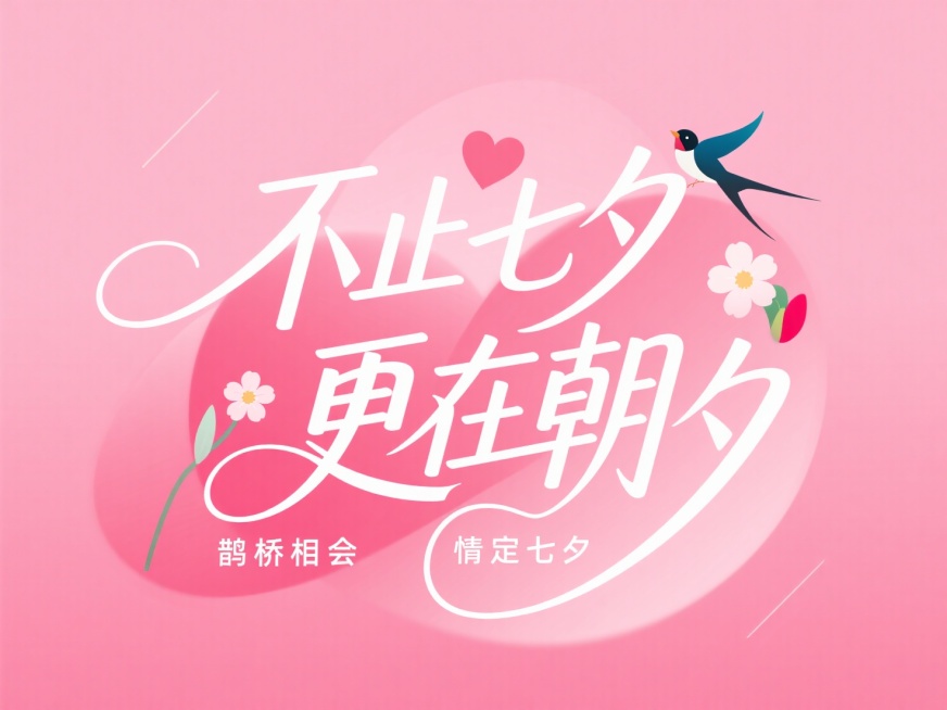 文字“不止七夕 更在朝夕”，粉色背景，创意字体设计，流畅且富有艺术感，中文"鹊桥相会 情定七夕"，设计灵感:将字体进行抽象变形，给人以强烈的视觉冲击。高级感，扁平化，大师作品，融合爱心、喜鹊、花朵等元预览效果