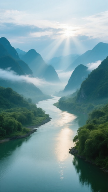 超写实风景摄影，晨曦时分的壮丽山水景观，蜿蜒的河流作为画面核心背景，河流形态与原图不同，清澈河水泛着微光，两岸覆盖茂密翠绿植被，远处层叠的青黛色山峰轮廓分明，山间云雾缭绕营造出神秘悠远的氛围，柔和的阳光从云层间洒落形成光束，照亮山谷与河面，整体色调以蓝绿色系为主，光影对比鲜明，景深效果明显，展现出宁静而壮阔的自然之美，细节丰富，质感细腻，高清晰度。预览效果