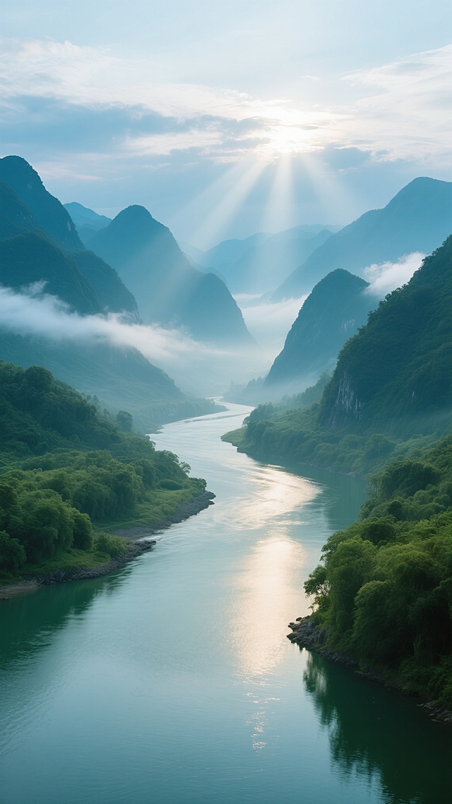 超写实风景摄影，晨曦时分的壮丽山水景观，蜿蜒的河流作为画面核心背景，河流形态与原图不同，清澈河水泛着微光，两岸覆盖茂密翠绿植被，远处层叠的青黛色山峰轮廓分明，山间云雾缭绕营造出神秘悠远的氛围，柔和的阳光从云层间洒落形成光束，照亮山谷与河面，整体色调以蓝绿色系为主，光影对比鲜明，景深效果明显，展现出宁静而壮阔的自然之美，细节丰富，质感细腻，高清晰度。