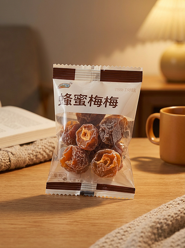 暖光实景中，蜂蜜梅梅包装以双色设计与重拟物风呈现，搭配印刷质感文字，营造温馨舒适、柔和宜人的居家氛围。