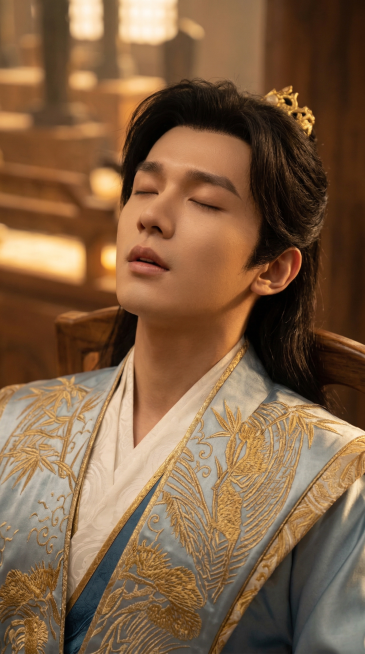 将图1的林尘角色调整为图2仰头靠在椅子上睡觉的姿势，改为近景脸部特写镜头，保留角色的发型、发冠和服装样式，角色闭着眼睛在睡大觉预览效果