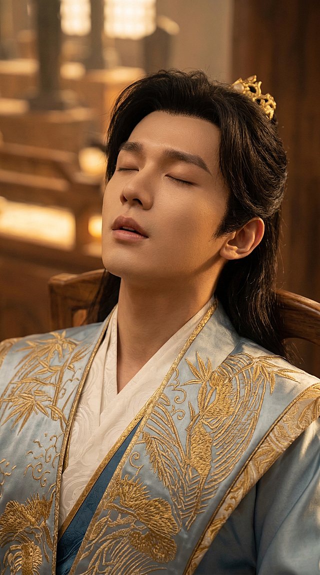 将图1的林尘角色调整为图2仰头靠在椅子上睡觉的姿势，改为近景脸部特写镜头，保留角色的发型、发冠和服装样式，角色闭着眼睛在睡大觉