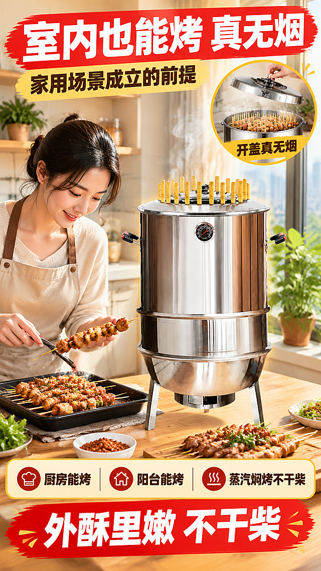 [商品] 使用【图42.jpg】不锈钢焖烤吊炉：圆柱形不锈钢炉体，顶部圆盖（盖面圆形温度表、盖缘黄色烤签插孔），正面圆形温度表，两侧黑色把手，底部三脚支架；严格保留产品结构、比例、颜色、材质，不变形、不缺件、不换色。

[画面] 第3张场景页：现代家庭厨房/阳台真实场景，吊炉放在台面或矮桌上使用，一位亚洲成年人在旁边翻看肉串，炉内蒸汽细腻上升、没有明显浓烟，旁边有打开的窗户和绿植；中景满铺场景，产品占画面50%，前景是烤盘和肉串，后景是厨房/阳台环境；信息载体=顶部标题+底部信息条+右上角画中画小图（开盖瞬间无烟的细节）。

[视觉] 套系策略：风格=拼多多爆款大字报海报；标题字=超粗黑体；正文字=粗黑体；主色=中国红；背景延展=暖白厨房墙面到浅暖橙的同色渐变；强调色=金黄，仅用于标签和光效；标题色=白色（红底）；正文色=深棕黑；组件=圆角信息卡、画中画圆框、底部横幅；光影=自然窗光+左前侧暖光，蒸汽柔和通透。

[文字] 顶部主标题“室内也能烤 真无烟”（白字红底大字），副标题“家用场景成立的前提”；右上画中画标注“开盖真无烟”；底部信息条3个点：厨房能烤、阳台能烤、蒸汽焖烤不干柴；底部红色横幅白字“外酥里嫩 不干柴”；文字全部横向排版，不遮挡人物和产品。

[规格] 9:16竖版，分辨率2K，避免文字错字、文字过小、产品变形、浓烟误会画面、冷蓝灰背景。