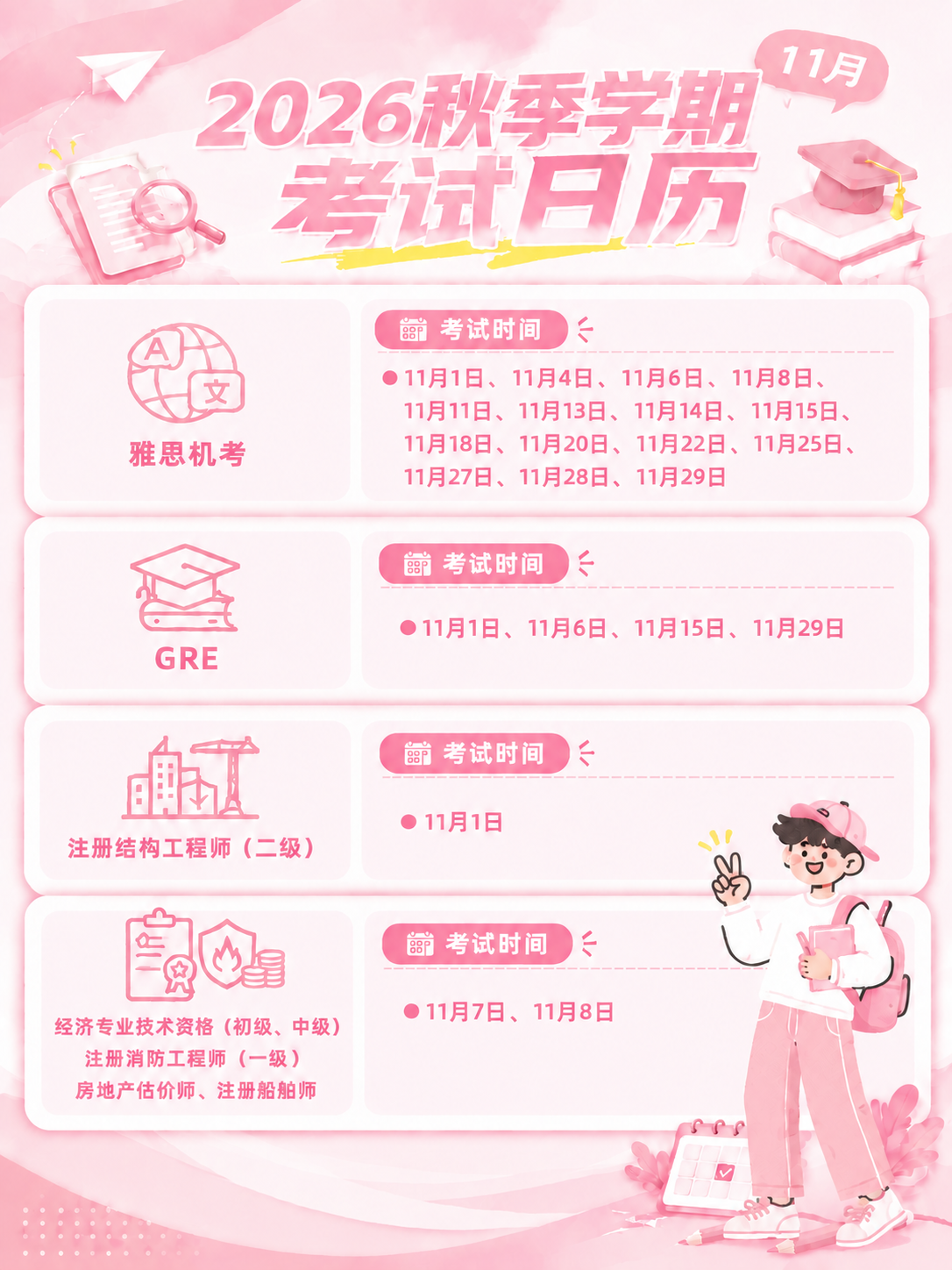 将这张11月玫粉色考试日历海报的主题色改为浅粉色（樱花粉/水粉… - 图片创意预览