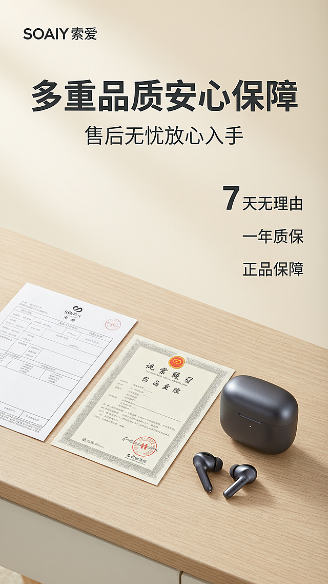多重品质售后保障，主文案："多重品质安心保障"，副文案："售后无忧放心入手"，文案设计与排版：顶部居中加粗主文案，下方细字副标题，画面右侧竖排文字模块标注 7 天无理由、一年质保、正品保障，画面主体与构图：浅木色简约桌面，平铺质检报告、品牌资质证书，搭配充电仓与耳机同框，均匀自然光平铺拍摄，画面留白充足，画质与细节：8K 静物实拍，纸质文件纹理清晰，耳机哑光质感完整，光线均匀柔和，极简干净商务风，统一规范：竖屏 9:16，整体极简圆润哑光数码风，主色米白 #FFF8ED、炭黑 #3A3A3C，辅助浅棕 #D9CFC1、暖金渐变 #E8D9C2，柔和漫反射柔光，低饱和暖调，品牌 SOAIY 索爱标识统一放置画面左上角，8K 商业产品精修，无杂乱噪点，全页面风格统一，每屏严格包含 5 模块