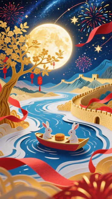 梦幻奇幻风格全景，底部有一艘小船漂浮在蓝白色流光河流上，船中设有一张桌子，两侧对坐两只玉兔，正在分享月饼。小船周围扩散出漩涡状的星空，飘动的红色丝带与绚丽的红色烟花交织盘旋，中央是一轮巨大的发光满月，预览效果
