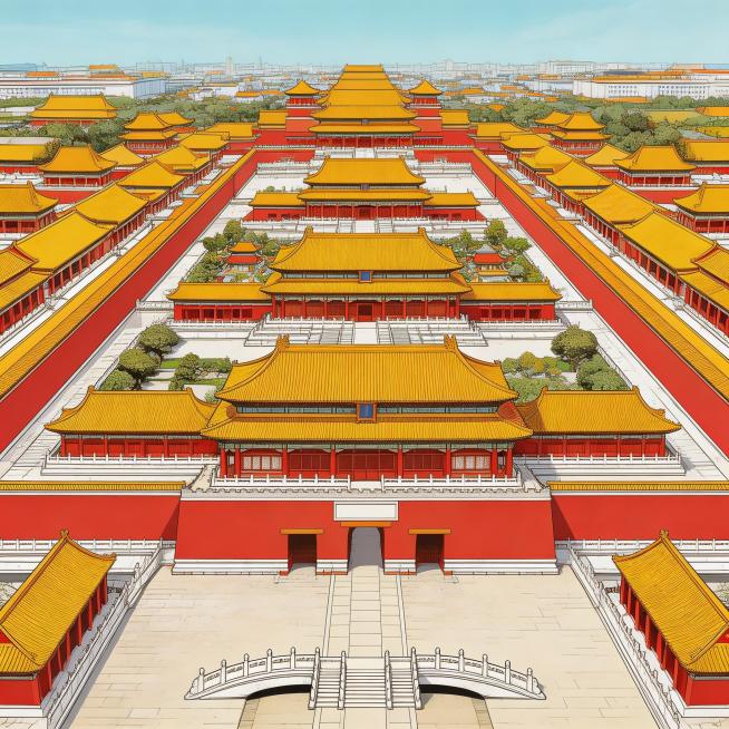 写实国风漫画俯瞰全景格，航拍呈现真实故宫南北中轴线全景，南北贯穿、左右对称布局清晰，红墙黄瓦连成一片，尽显规整大气，写实国风漫画风格，色调贴合朱红、明黄、汉白玉白，贴合故宫实景预览效果