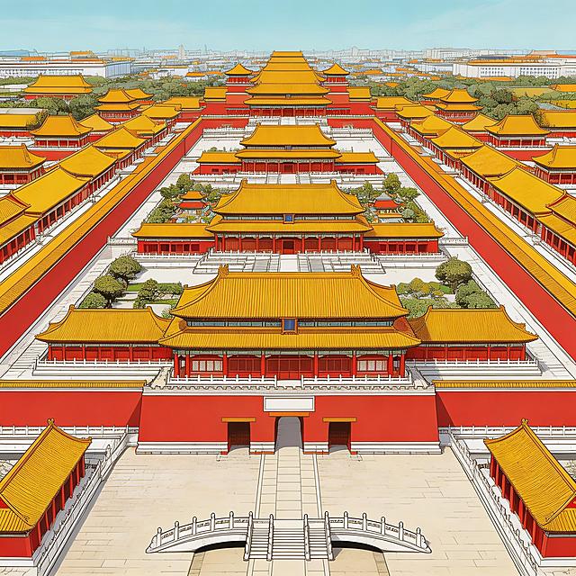 写实国风漫画俯瞰全景格，航拍呈现真实故宫南北中轴线全景，南北贯穿、左右对称布局清晰，红墙黄瓦连成一片，尽显规整大气，写实国风漫画风格，色调贴合朱红、明黄、汉白玉白，贴合故宫实景